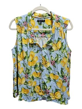 For Cynthia Sleeveless Lemon-Print Button-Down Top - Yellow